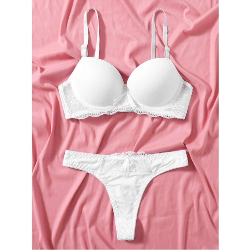 Large Size 10 White Contrast Lace Push UP Underwire Lingerie Set